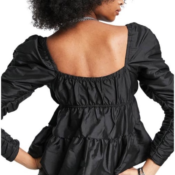 Topshop Black Taffetta Ruched Ruffle Top - Picture 4 of 7
